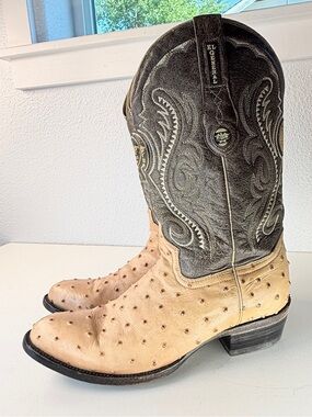 El General Ostrich Print Western Cowboy Boots Size 8 Tan Leather Embroidered